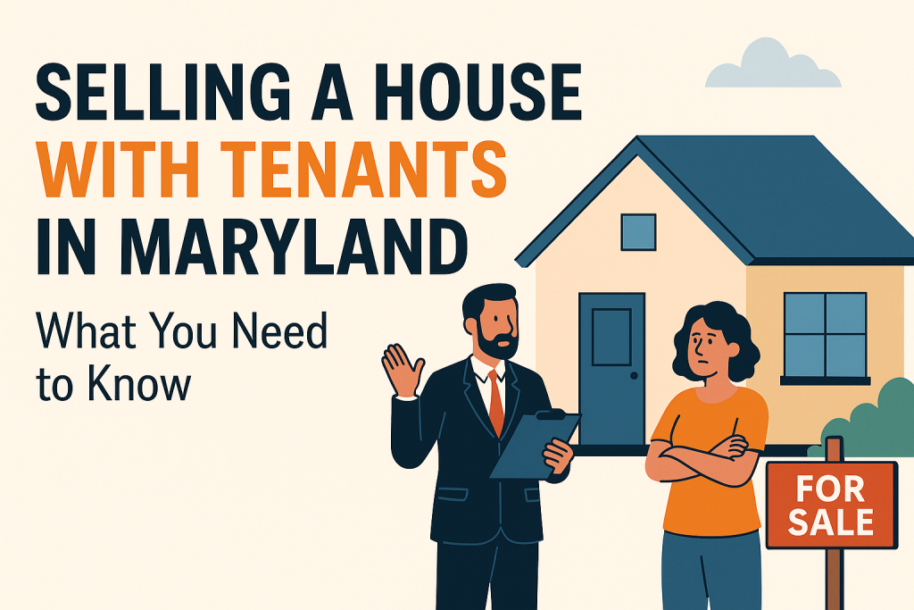 Illustration of a landlord and tenant with a house for sale in Maryland, representing selling a tenant-occupied property.